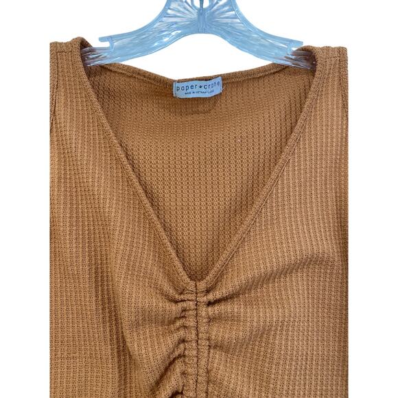 Y2K Paper Crane Waffle Knit Ruched Crop Tank Top Womens Size L Preppy Coquette - Picture 2 of 8